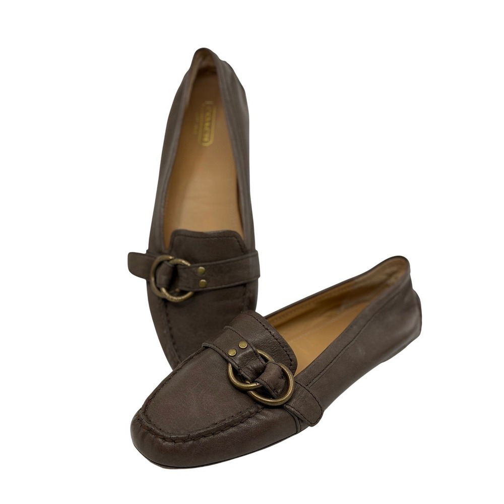 Coach Avril Brown Leather Driving Loafers Brass Buckle Flats Womens Slip On 9B - Picture 1 of 9